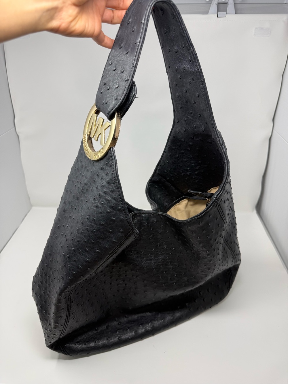 Michael Kors Black Ostrich Leather Hobo Bag Gold MK Logo Shoulder Purse - Picture 5 of 14
